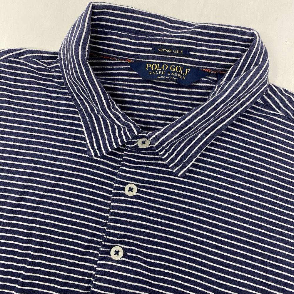 Polo Golf Ralph Lauren Polo Shirt Mens XL Navy Blue Striped 2015 US Open Pima